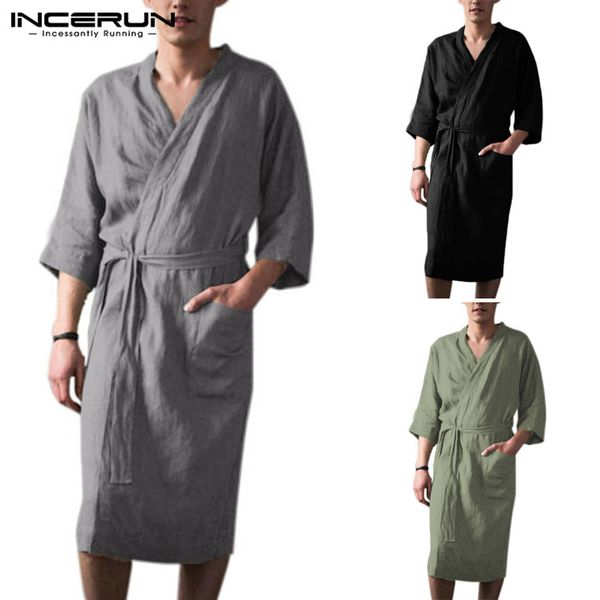 

men robes sleepwear vintage cotton v neck pockets solid 2019 homewear nightgown 3/4 sleeve lacing kimono men bathrobes incerun, Black;brown