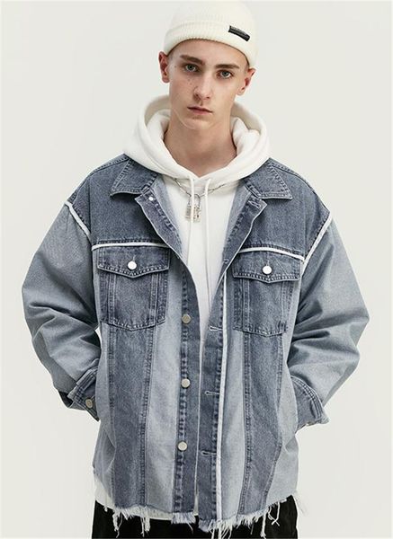 

color panelled mens designer denim jackets fashion vintage washed loose burrs hem mens denim jackets casual males clothing, Black;brown