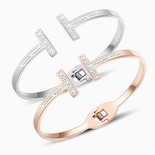 

fashion zircon t shape bracelets gold color stainless steel women brand tif design charm cute bangles cuff female jewelry gifts, Golden;silver