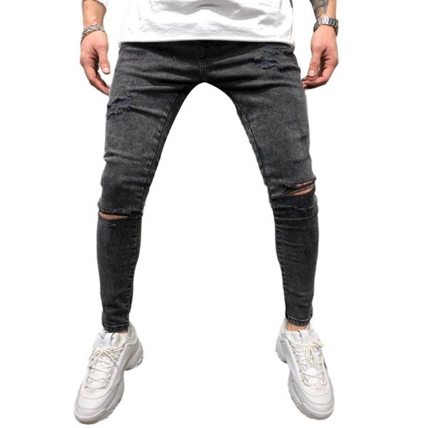 

fashion men´s skinny fit ripped pants hole destroyed comfy stretch jeans pants pencil trousers, Black
