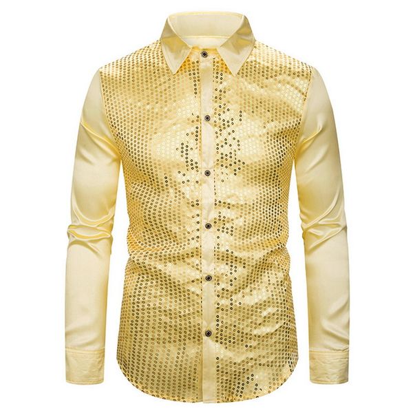 

heflashor gold sequin glitter shirts men 2019 new fashion night club silk satin camisa slim fit stage disco singer chemise homme, White;black