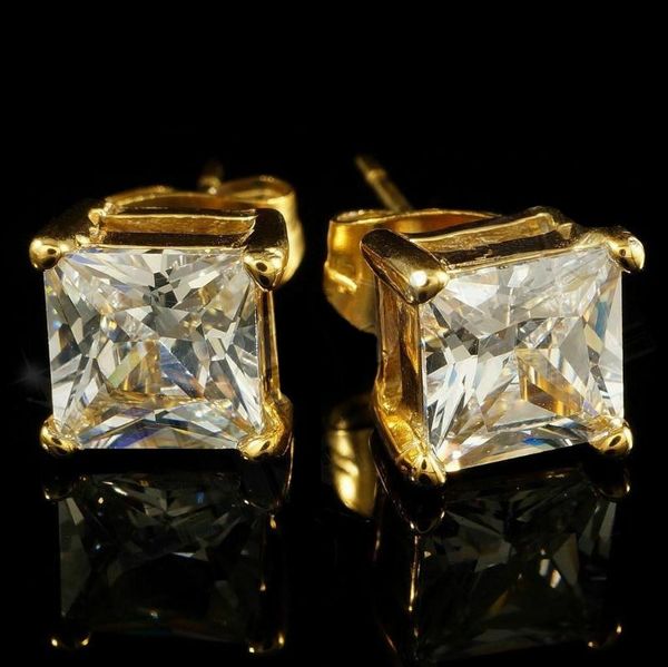 

gold princess cut cz stud earrings motorcycle party hip hop iced out earrings cocktail party women men's jewelry, Golden;silver