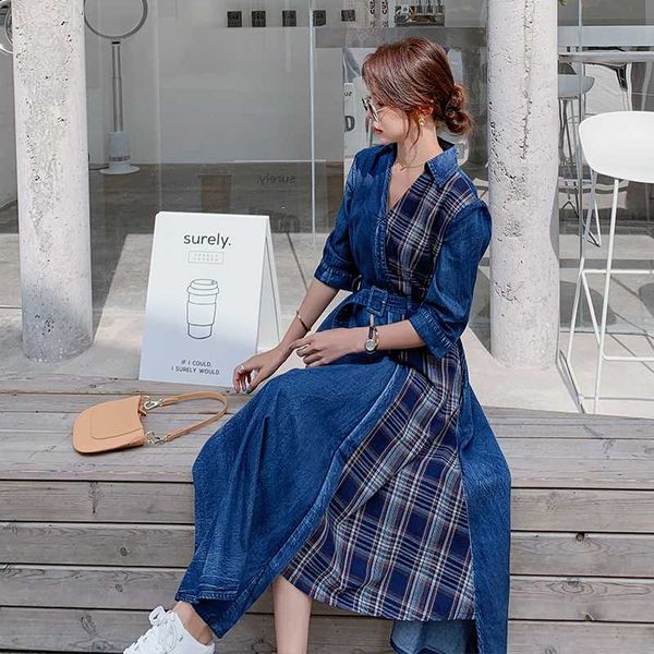 

casual dresses 2021 summer women short sleeve plaid splice denim long dress office lady korean elegant slim v-neck bandage, Black;gray