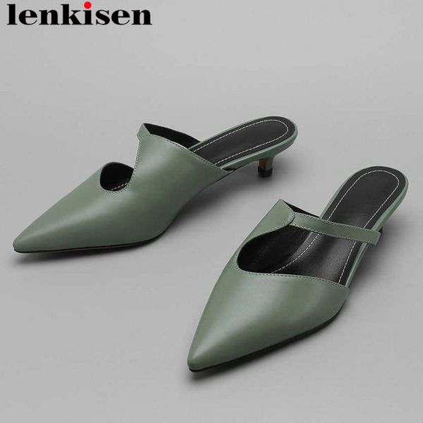 

lenkisen simple style slip on mules kitten heels oxford pointed toe european designer natural leather elegant brand shoes l25, Black