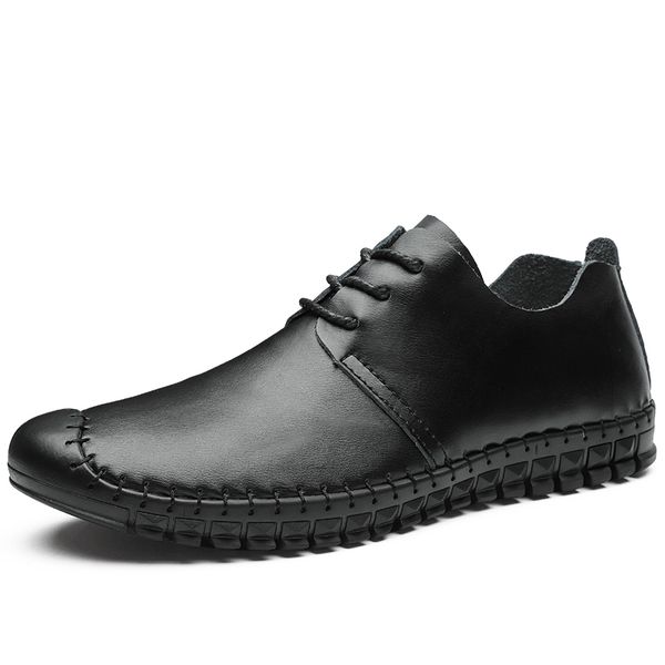 

genuine leather loafers shoes lace up men casual shoes summer new 2019 breathable fashion soft flat quality driving, Black