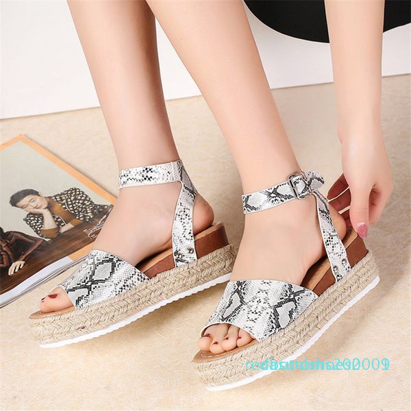 

summer new korean version of hemp rope slope heel python leopard grain hemp buckle with fish mouth sandals woman r01, Black