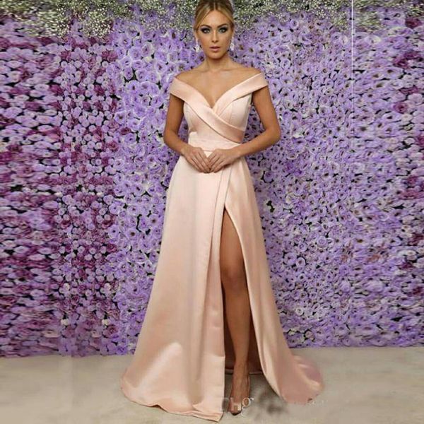 

2019 Off the Shoulder Evening Dresses Side Split Floor Length Satin robes de soirée vestidos de fiesta Party Dress Evening Wear