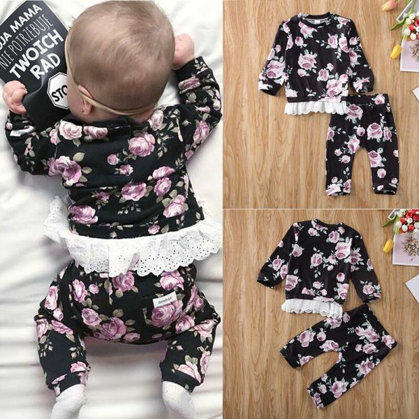

0-24m newborn kid baby girls floral clothes set long sleeve lace and pant suit elegant spring cute princess outfits, White