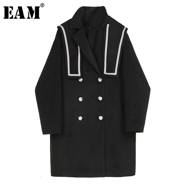 

eam] loose fit black split double breasted long woolen coat parkas new long sleeve women fashion tide autumn winter 2019 1m709