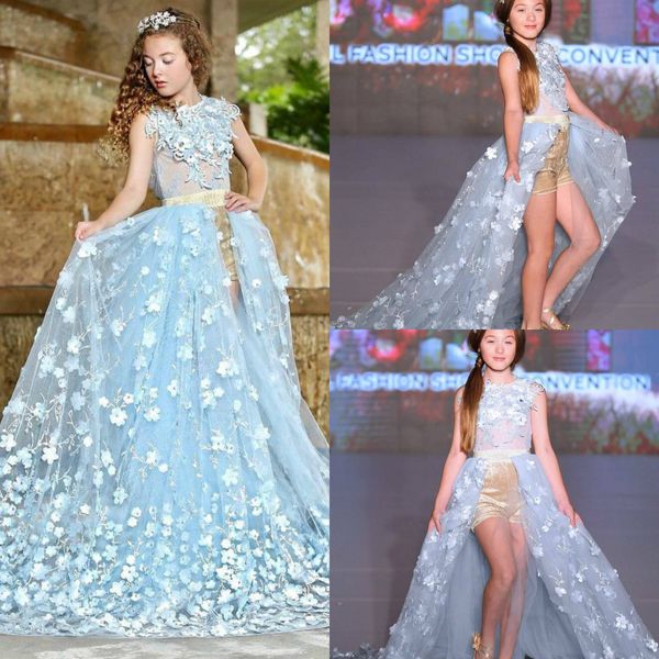 Luz Céu Azul Flor Meninas Vestidos 3D Floral Apliques de Ouro de Lantejoulas Dividir Princesa Teens Crianças Pageant Vestidos de Comunhão Vestido