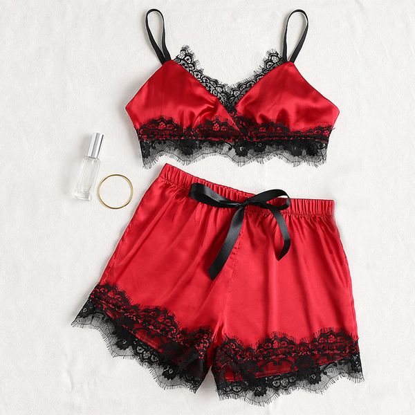 

women lace crop pants 2pcs pajama set 2018 autumn fashion sleepwear female strapless bow tie shorts homewear nightwear, Blue;gray