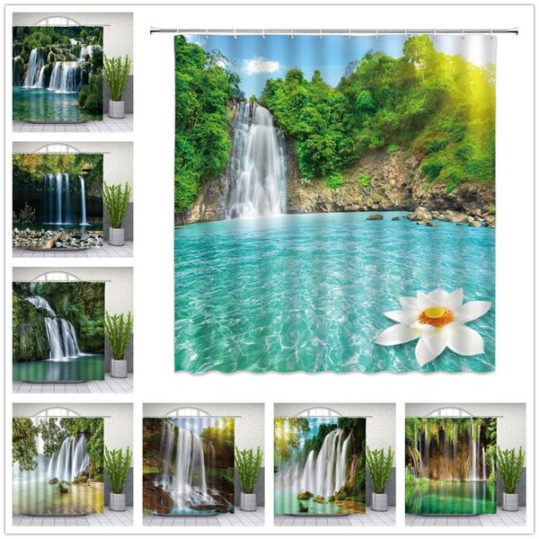 

waterfall shower curtains summer forest green plants natural landscape bathroom decor waterproof cloth curtain set cheap