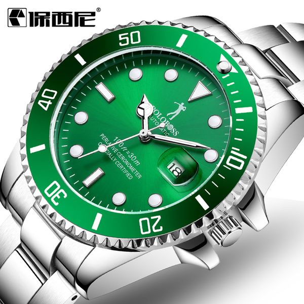 

burst men's automatic mechanical watch green water ghost waterproof fashion night light solid steel belt watch gifts for men, Slivery;brown