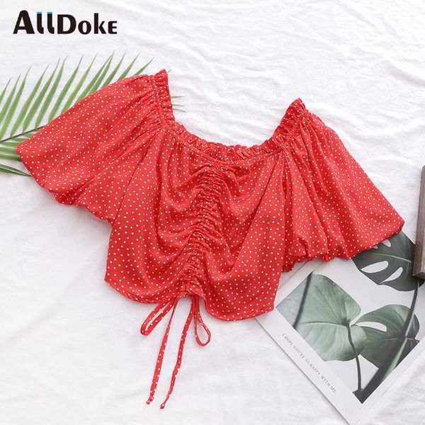 

alldoke dot print red blouse women summer square collar puff sleeve crop shirt femme vintage boho ladies blouses blusas, White