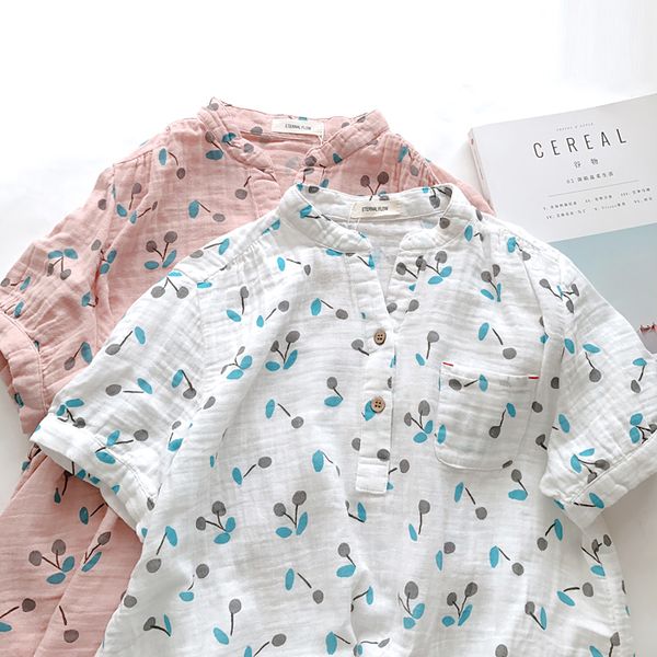 

female cherry print summer stand collar double-layer cotton yarn shirt female short sleeve blouse, White