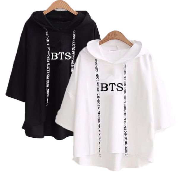 

ulzzang harajuku hoodies fashion bts kpop clothes women casual hooded sweatshirts pullovers short sleeve hoodie shirts, Black