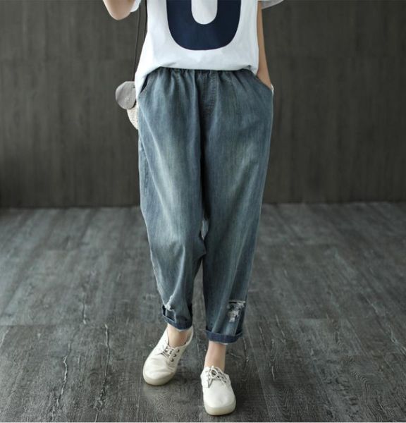 

женщины летние джинсы новый эластичный пояс сыпучие все матча джинсовой брюки женские повседневный карман карман отверстие ретро джинсовые б, Blue