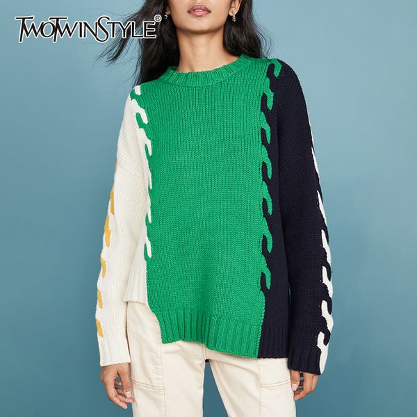 

twotwinstyle hit color women's sweater o neck long sleeve asymmetrical hem pullovers female 2019 autumn winter fashion new, White;black