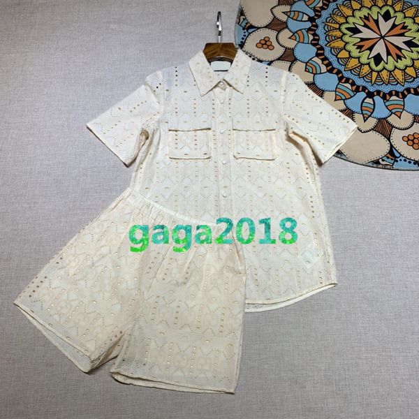 

high end women girls set shirt t-shirt cutout geometric patterns print short sleeve lapel neck blouse and a-line pants jogging shorts suit, White