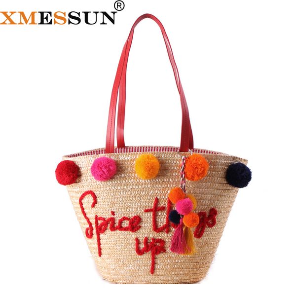 

xmessun bag straw colorful handmade beach summer bags travel women large pom pom handbags bag ball 2018 c97 rouai, Red;black