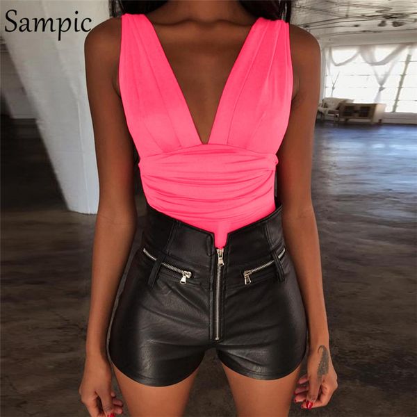 

sampic woman strap sleeveless skinny neon bodysuit casual high street summer backless bodysuit 2019, Black;white