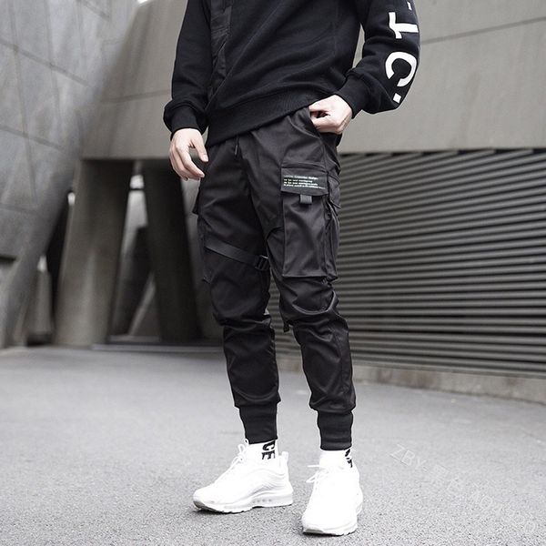 

mens spring antumn fashion retro solid color multi-pocket long pants trousers denim fashion hip hop jeans long pants men, Black