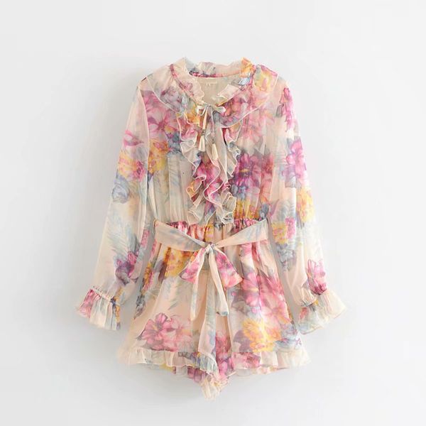 

jumpsuit womens boho 2019 floral print holiday summer rompers womens jumpsuit lace up stand collar long sleeve with ruffle jumpsuit short, Black;white