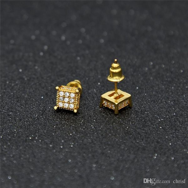 

3d square earring hip hop real 925 sterling silver jewelry screw back pave cz for men&women, Golden;silver