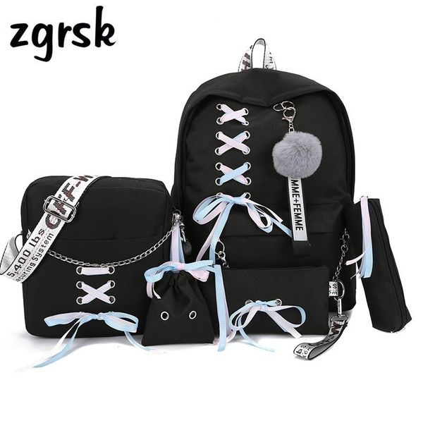 

chain usb backpack women canvas 3pcs/set women backpack teenager girls backpacks shoulder bag female student school bags tassel mx190816