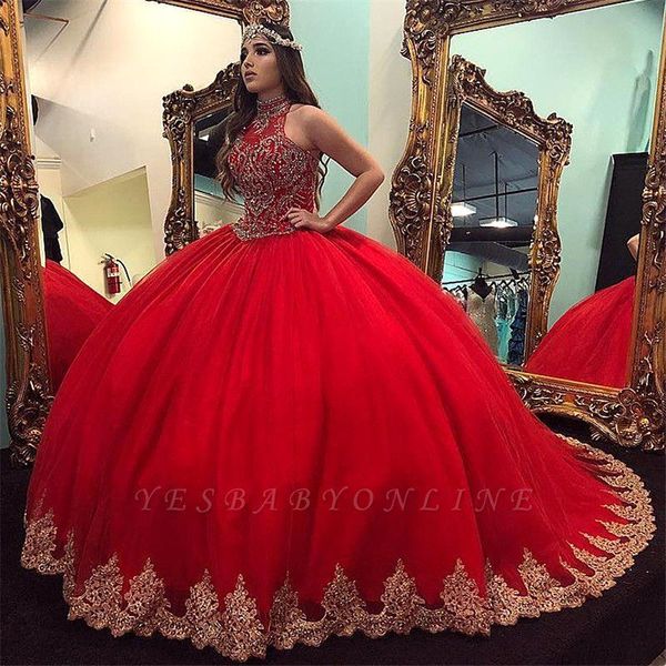 

2020 luxury red high neck ball gown satin quinceanera dresses for girls appliques long sweet 16 prom dresses formal gowns bc3441