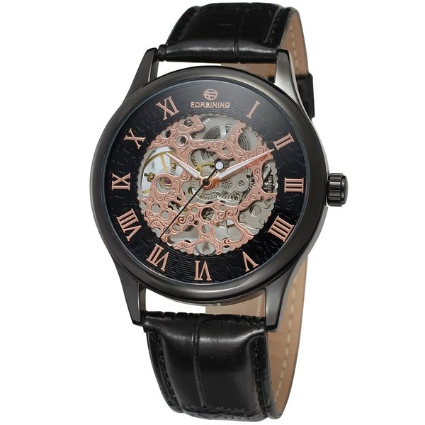 

forsining roman black gold design men skeleton watch mechanical wristwatch male gift clock relogio montre homme, Slivery;brown