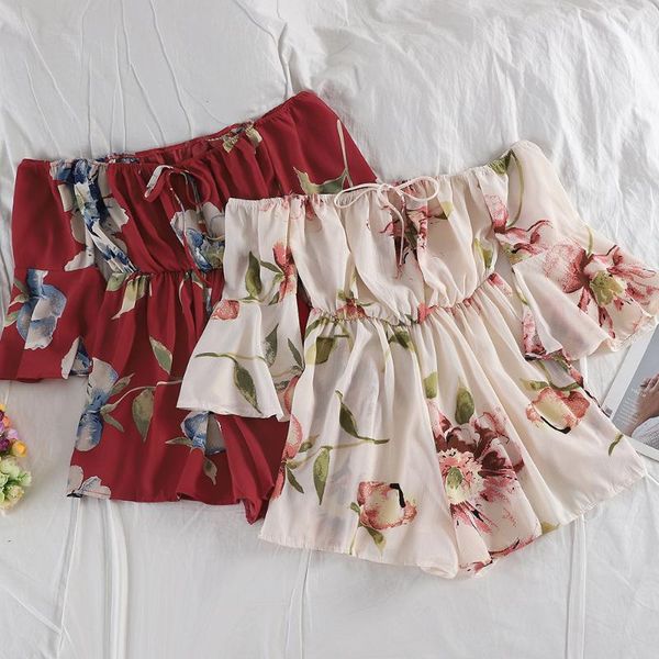 

2020 summer beach style short jumpsuit casual streetwear slash neck wide leg bodysuit female floral printed chiffon playsuit, Black;white