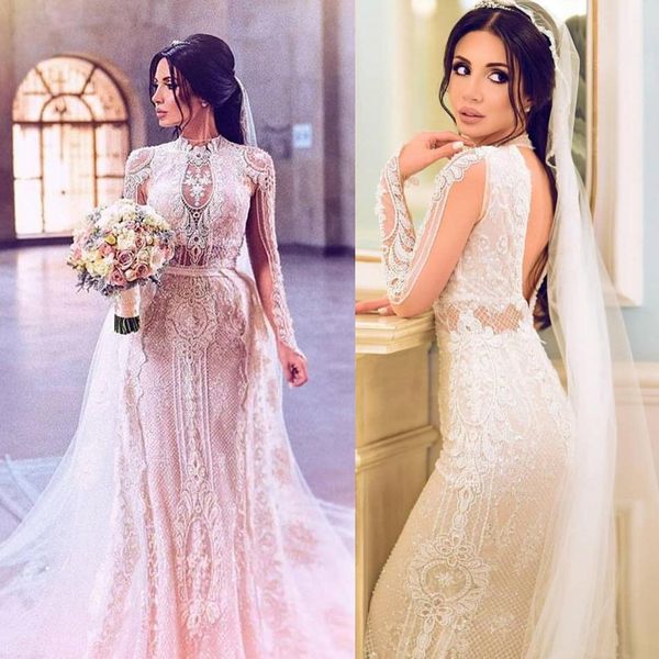 

luxury mermaid wedding dresses long sleeve high neck lace beads with detachable train bridal gowns plus size dubai arabic vestidos de novia, White