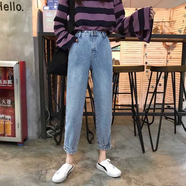 

women's jeans 2021 style capri slimming dad pants retro loose harem, Blue