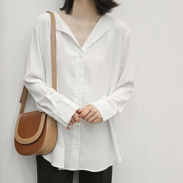 

ewq]2020 spring new turn-down collar long sleeve elegant simple fashion trend women shirt korean loose casual women blouse, White