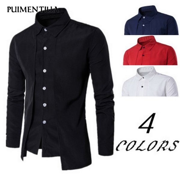 

puimentiua 2020 men's solid color long-sleeved spring shirt casual wear button up turn down collar shirt personality wear, White;black