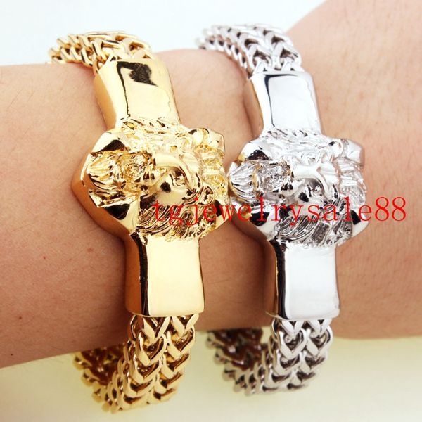 

15mm wide stainless steel silver or gold cool mens figaro rolo chain lion head bracelet jewelry 8.66, Golden;silver