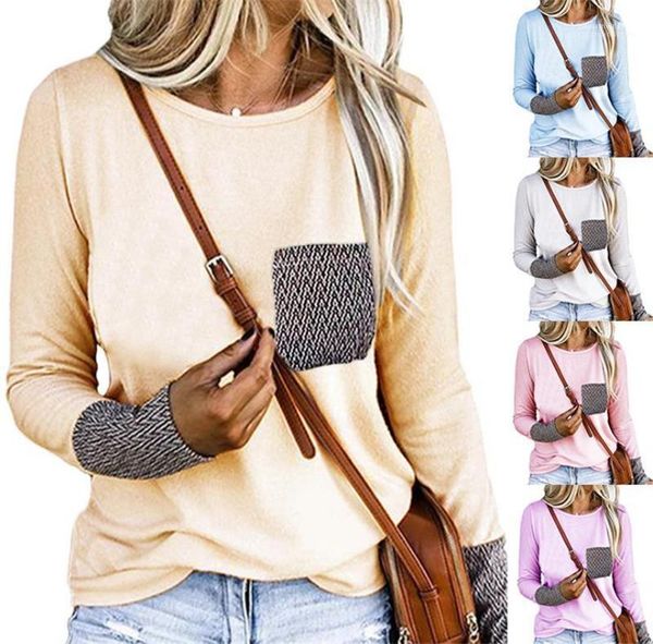 

autumn womens clothing plus size women designer tshirts fashion casual loose panelled pocket crew neck long sleeve tshirt, White