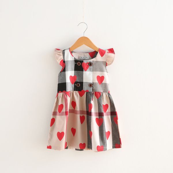

Девочки дизайнер платье плед платье Сердце печати Одежда Fly Рукав малышей Детские платья для девочек Одежда Vestidos B49