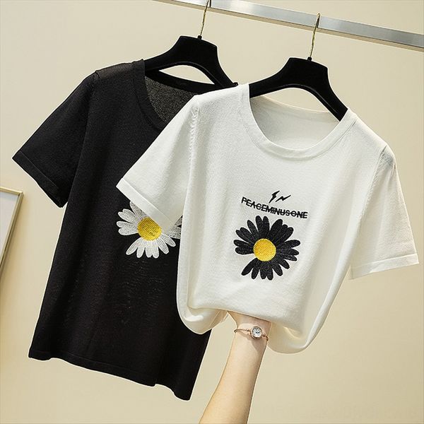 

short-sleeved ice silk knitted clothing t- women's 2020 summer clothes embroidered little daisy t-shirt base shirt fashion, White