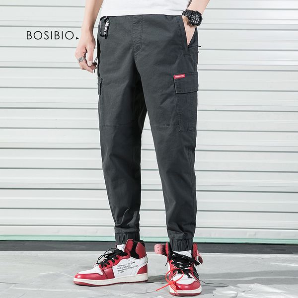 

bosibio 2019 summer autumn mens elastic wasit jogger pants male grey sweatpants side pocket m-xxl s1611, Black