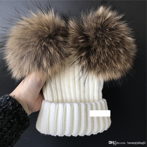 

белые женские девушки настоящий мех енота двойной 2 pom pom мяч вязаная шапка шапочка шапочка, Blue;gray