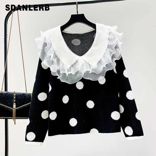 

lace stitching point sweater female autumn and winter 2019 new korean lotus leaf edge knitted sweet doll collar sweater girls, White;black