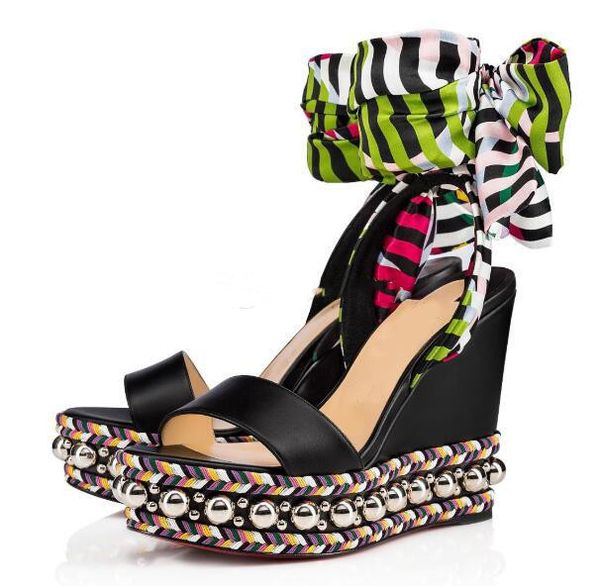 

elgance high heels red bottom levantine wedge pumps studs sandals summer high heels leather ankle strap with bow & graffiti strap sandalias, Black