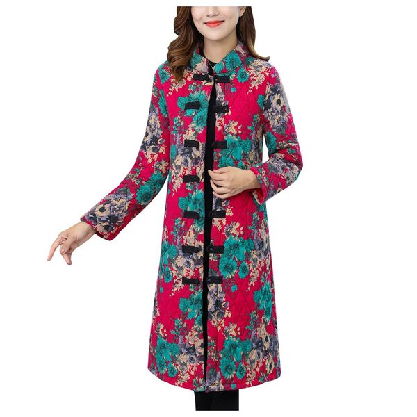 

elderly women coat winter special button printing design leisure warm hooded female coat plus size pocket women outwear, Black