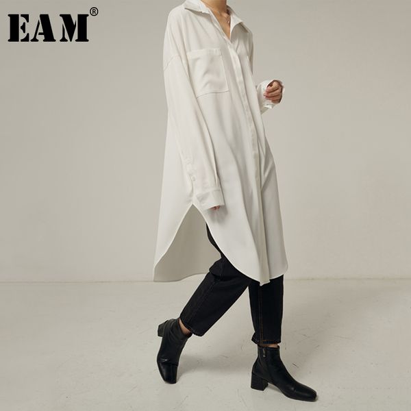

eam] женщины белый brief длинные большой размер блуза новые нагрудные длинным рукавом сыпучие fit рубашка мода tide весна осень 2020 1r581, White