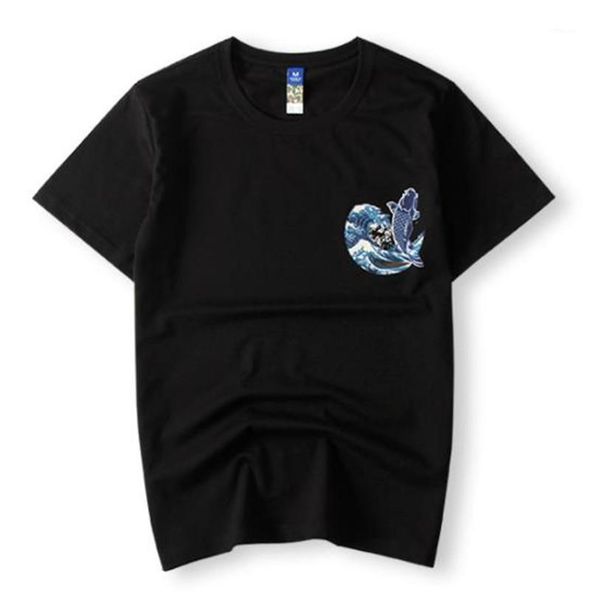 

wave print short sleeve mens tees casual panelled males clothing vintage mens designer tshirts fashion carp, White;black