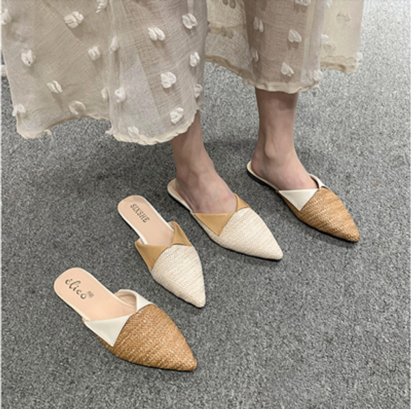 

baotou drag female summer new woven straw holiday flat slippers female gentle fairy style wear wild slippers, Black