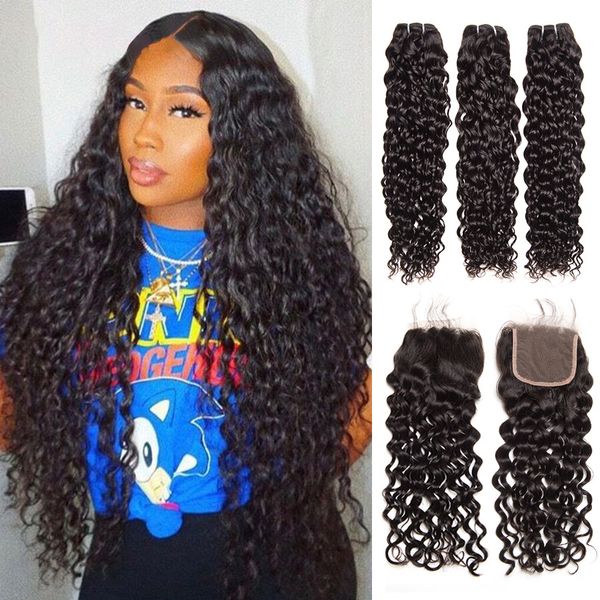 

гху оптовая малазийский волос пучки с closure волна воды 3 связки с закрытие малазийский вьющихся волос человеческих волос пучки с closure, Black;brown