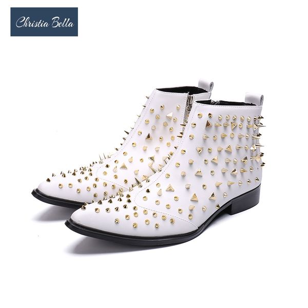 

christia bella autumn rivets men shoes genuine leather rivets boots fashion pointed toe boots plus size zipper ankle, Black